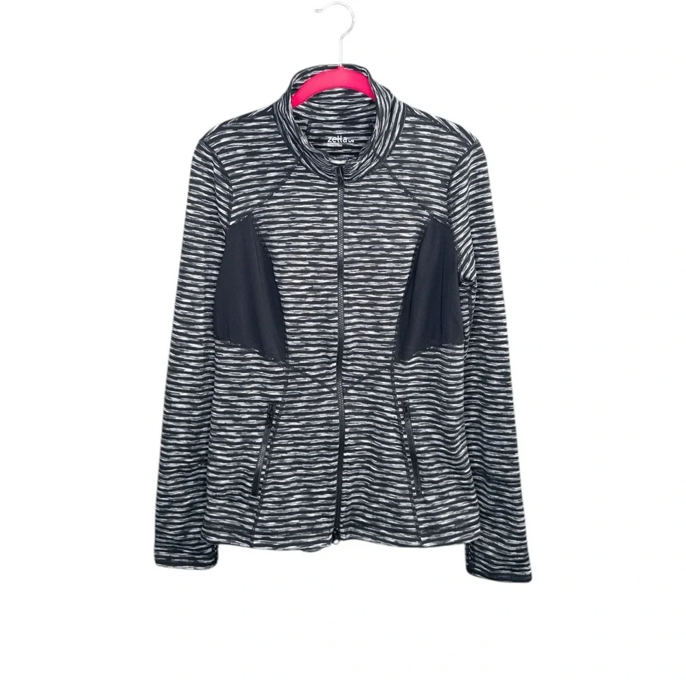 Zella Women’s L Stamina Jacket‎ Workout Athletic Black Grey Striped Mesh Fitted